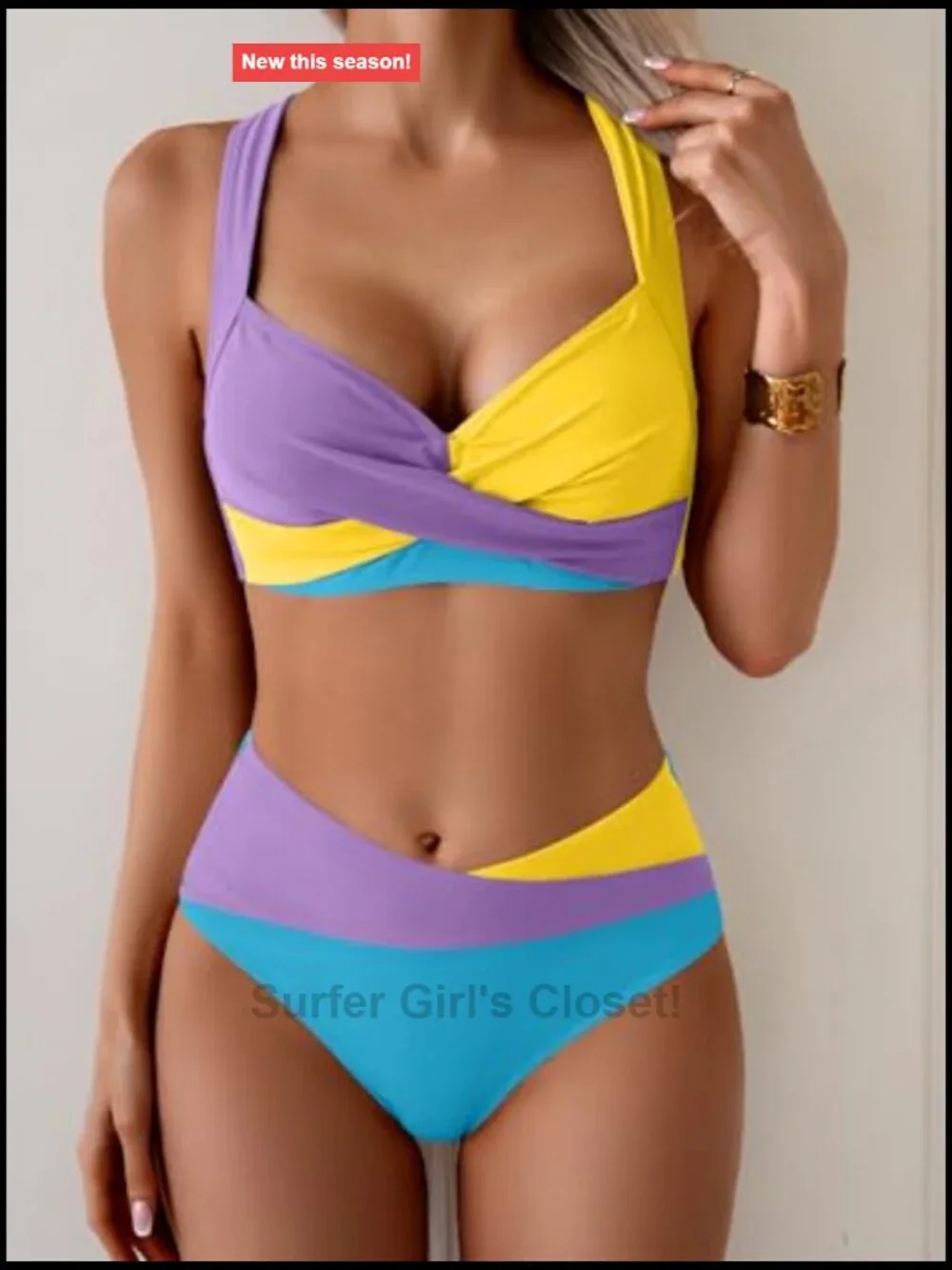 Two Piece Bikini Set Mid Rise Color Block Tie Back Push Up Swimsuit